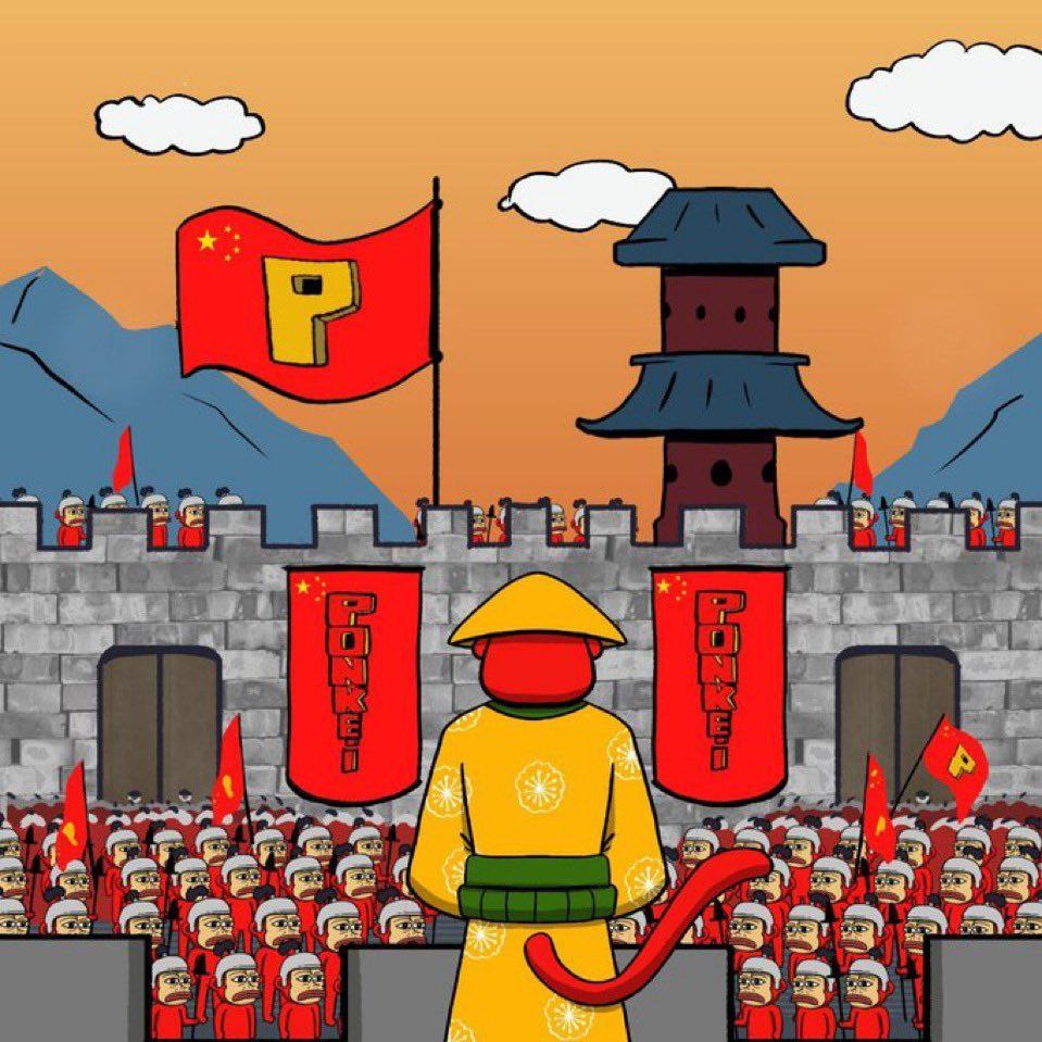 Ponkei in a yellow robe facing an army of red Ponkei soldiers on the great wall