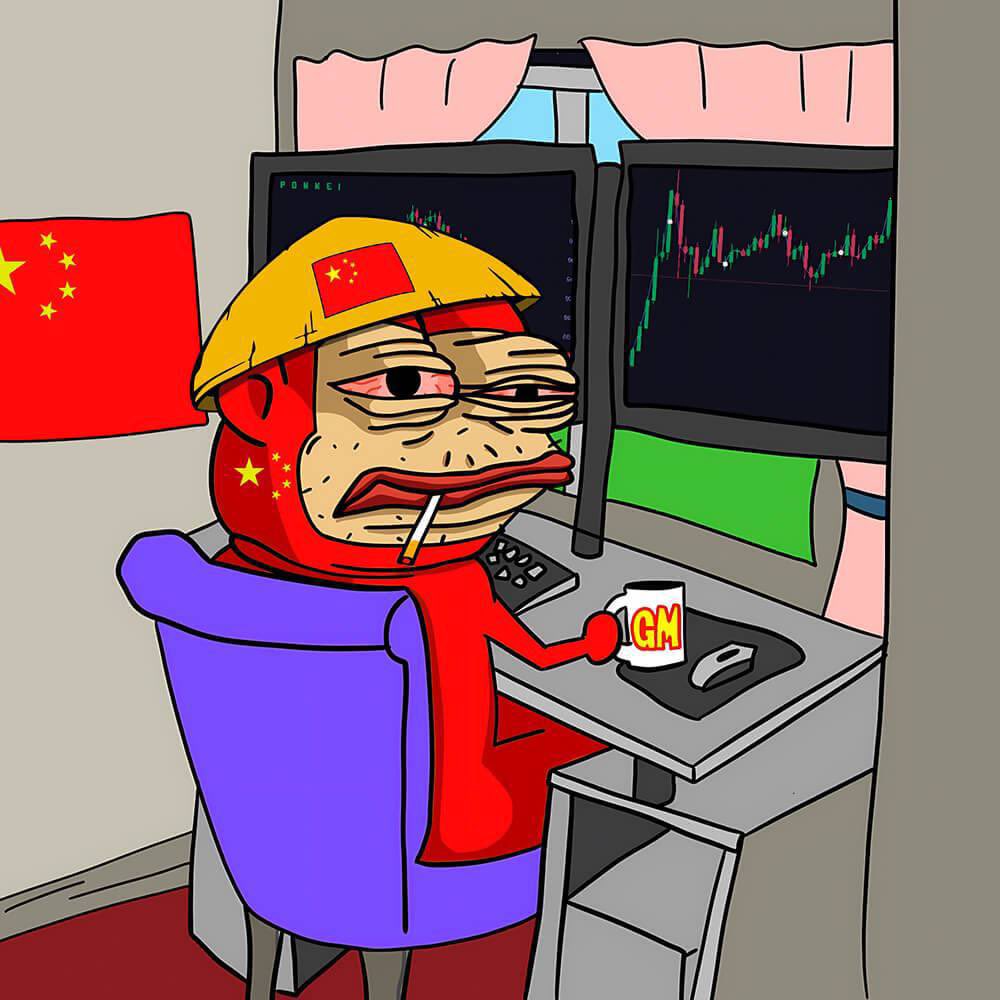 Ponkei trading $PONKEI in front of two screens, GM mug in hand